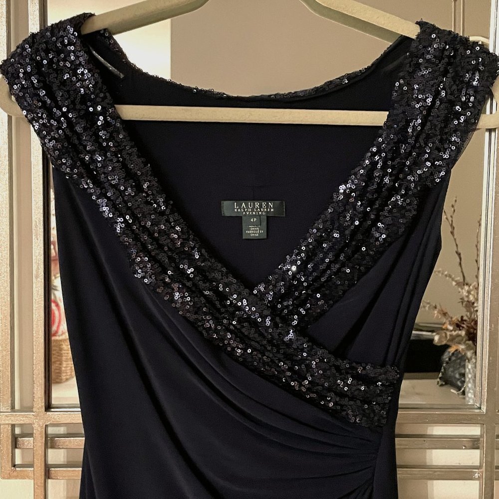 STUNNING! Navy Blue Ralph Lauren Sequined Evening Gown w/ Bonus Clutch